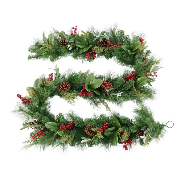 Garland <br> 9ft Decorated Garland with Cedar, Magnolia leaves, Berries and Pinecones