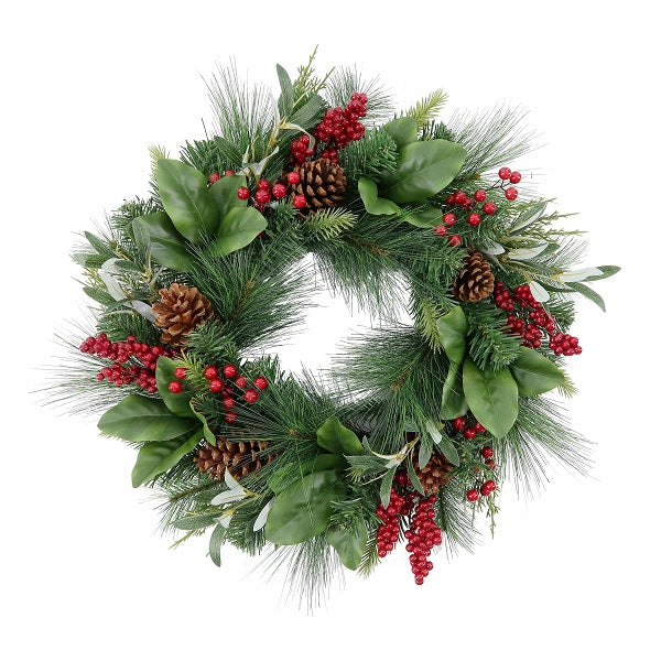 Wreath <br> Majestic P24″ Decorated Wreath with Cedar, Magnolia leaves, Berries and Pinecones.