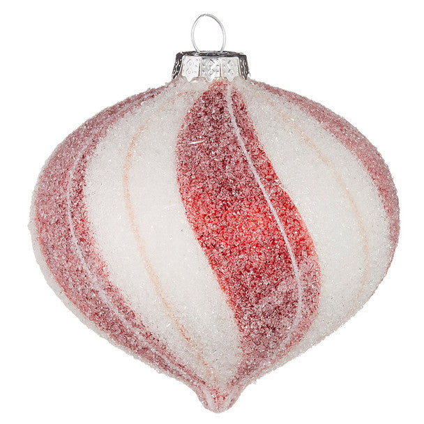 RAZ Imports <br> Hanging Ornament <br> Red and White Peppermint Striped Glass Ornament (3AT)