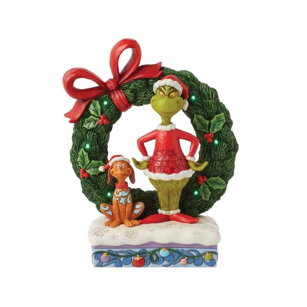 PRE-ORDER 2024 <br> Grinch by Jim Shore <br> Lit Grinch & Max in Wreath (21cm) - $169.95