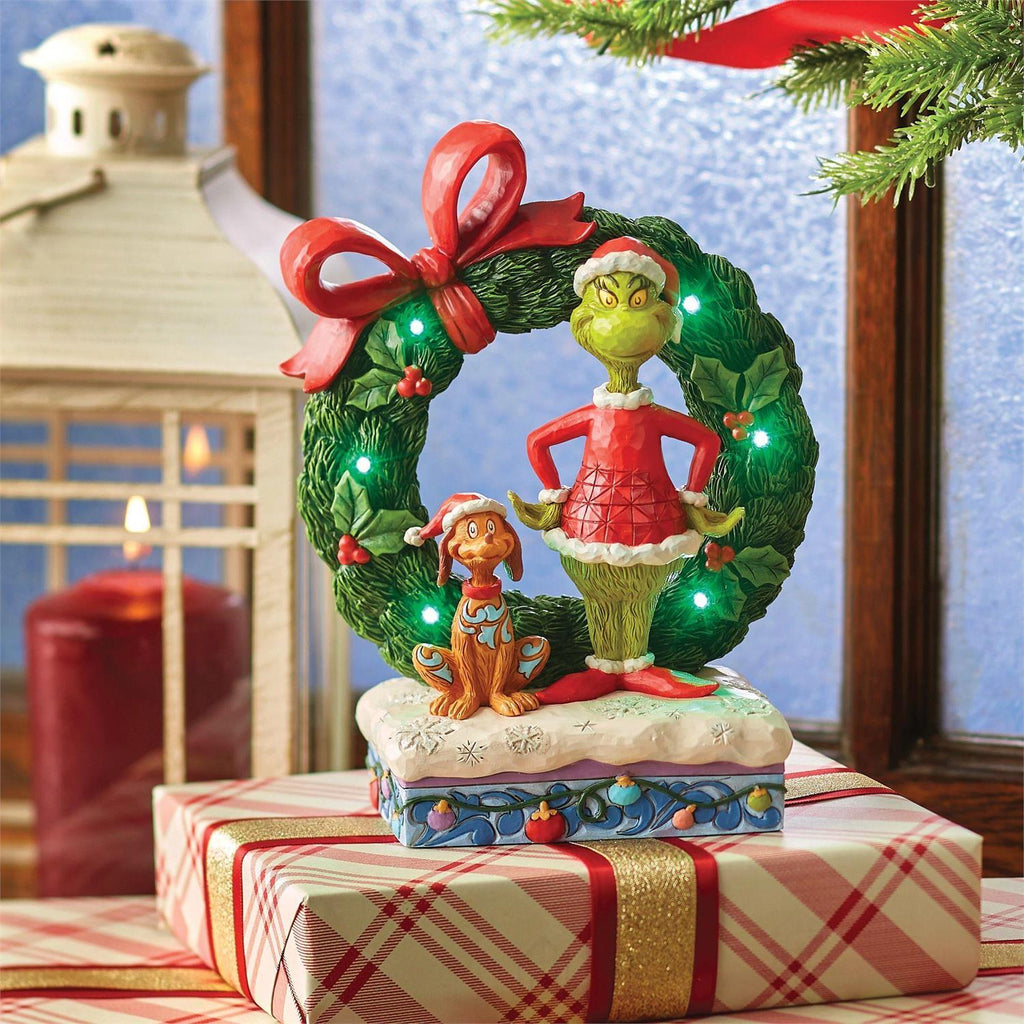 PRE-ORDER 2024 <br> Grinch by Jim Shore <br> Lit Grinch & Max in Wreath (21cm) - $169.95