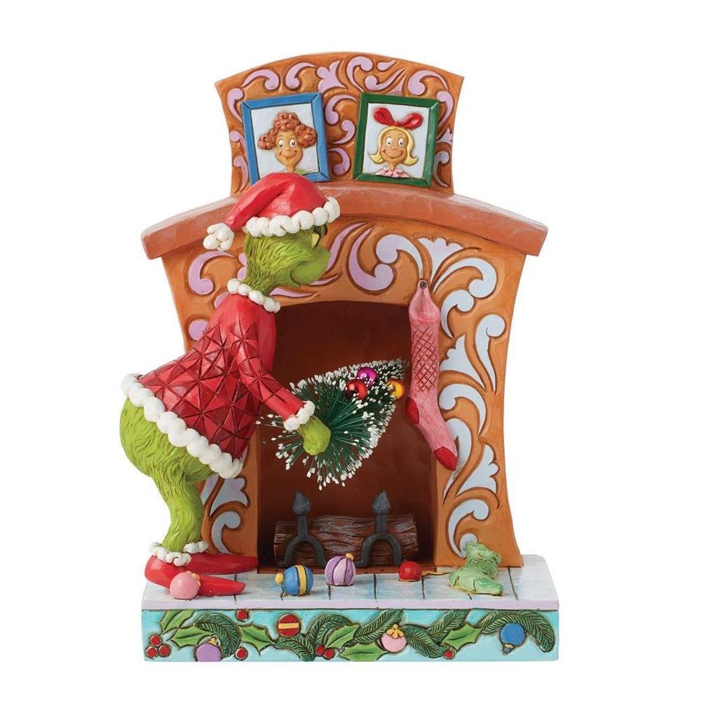 PRE-ORDER 2024 <br> Grinch by Jim Shore <br> Grinch Pushing Tree Up Fireplace (19cm) - $139.95