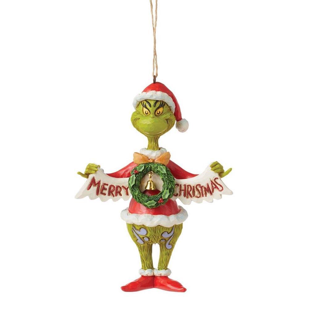 PRE-ORDER 2024 <br> Grinch by Jim Shore <br> Hanging Ornament <br> Grinch With Merry Christmas Banner (13cm) - $59.95