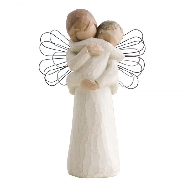 Angel's Embrace by Willow Tree. Standing female angel in cream dress with wire wings, holding baby in cream onesie, in arms