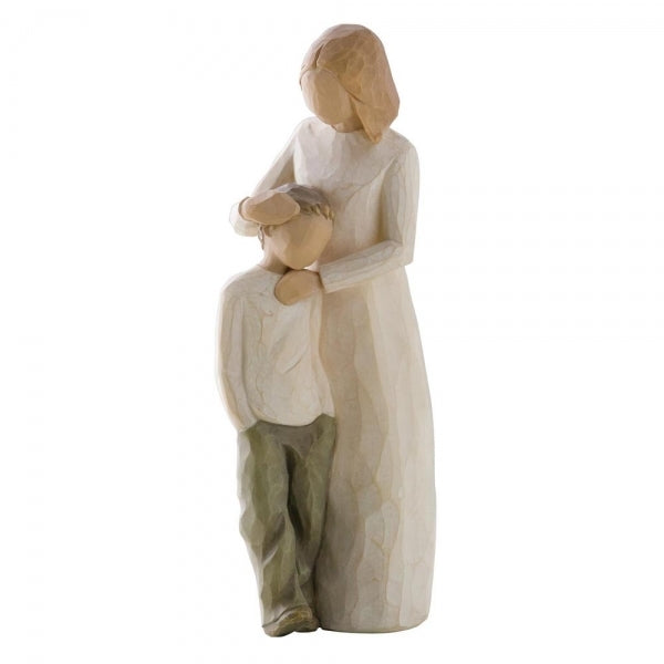 Mother and Son by Willow Tree. Standing figure in cream dress, with arms around young boy in cream shirt and dark pants