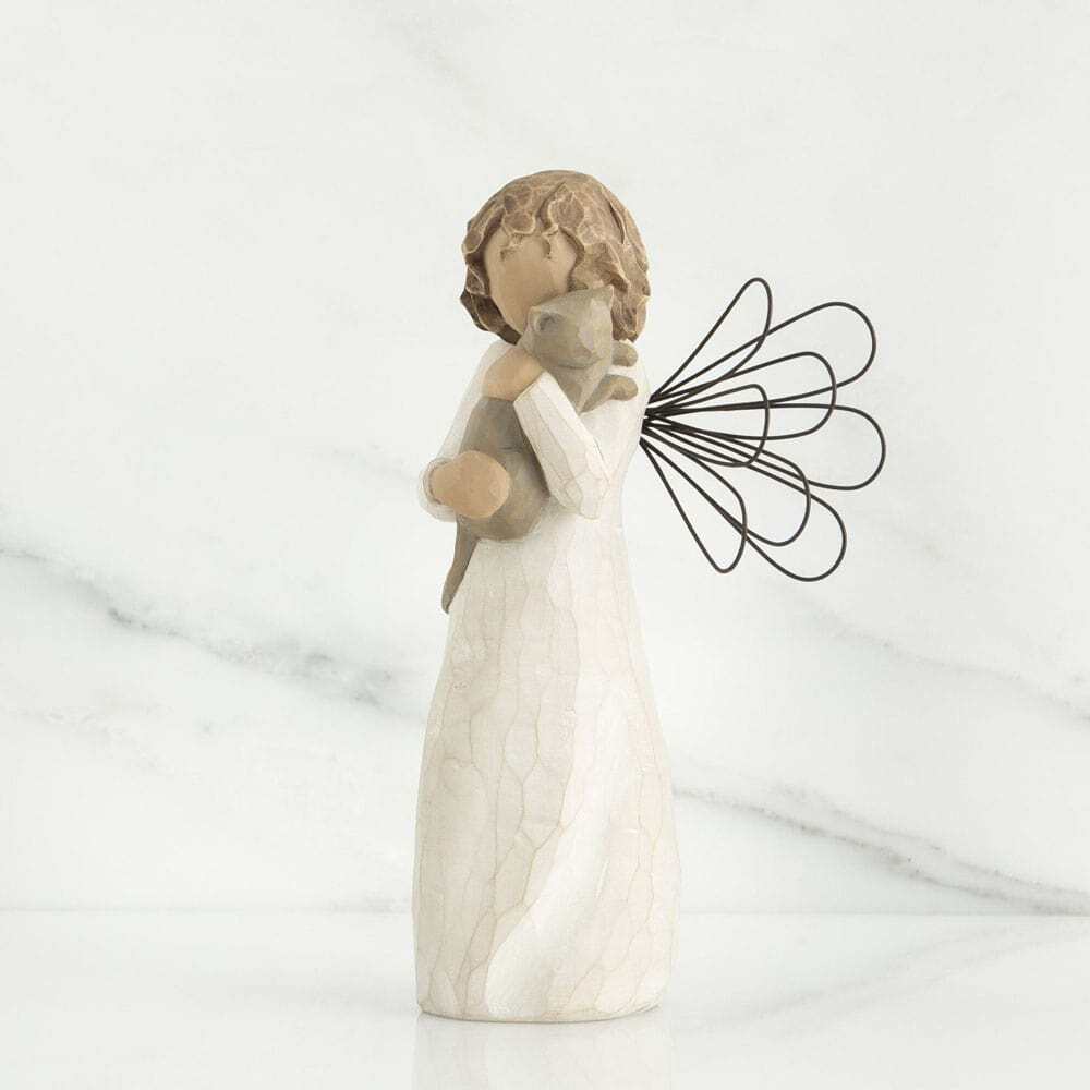 With Affection Angel by Willow Tree. Standing angel in cream dress with wire wings, holding gray cat in her arms