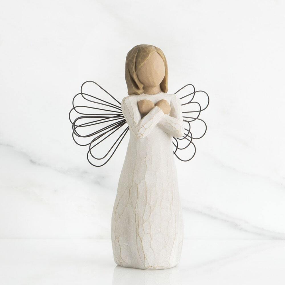 Sign for Love Angel by Willow Tree. Standing angel in cream dress with wire wings, with crossed arms: American Sign Language for love