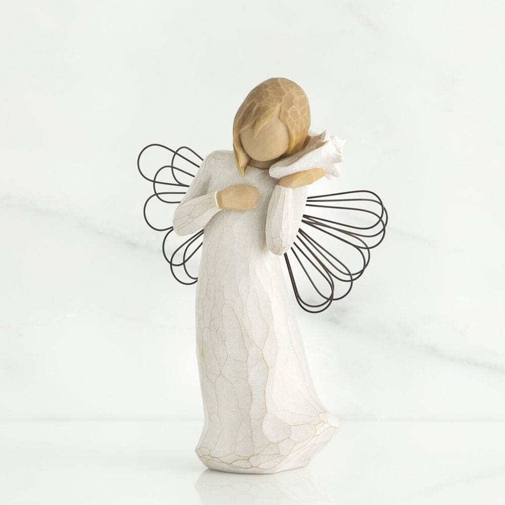 Thinking of You Angel by Willow Tree. Standing angel in cream dress with wire wings, holding pink conch shell to ear