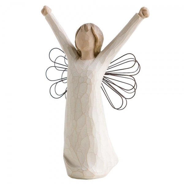 Standing angel in cream dress with wire wings, with both arms upraised