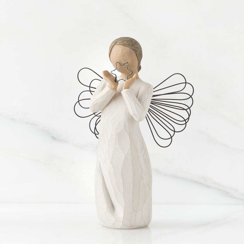 Bright Star Angel by Willow Tree. Standing angel in cream dress with wire wings, holding glitter wire star in her hands