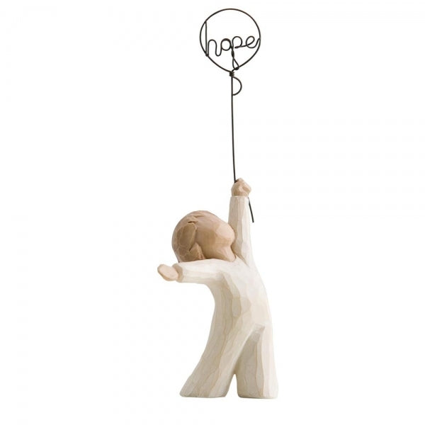 Hope by Willow Tree. Standing figure in cream onesie, holding wire balloon with the word 'hope' written in wire inside it