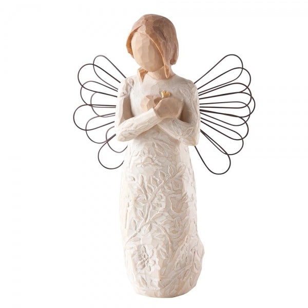 Standing angel in cream dress with wire wings, with crossed hands under small gold-leaf heart. Dress carved with symbols of nature