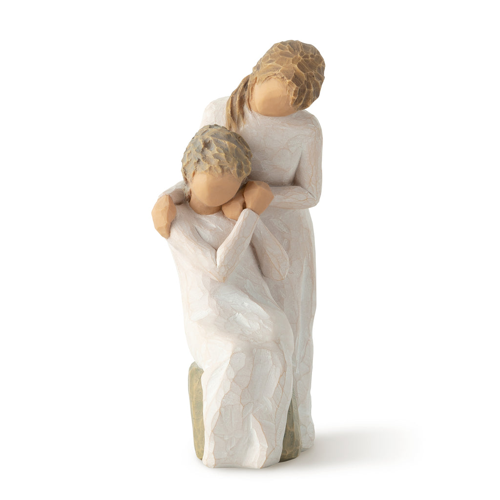 Loving My Mother by Willow Tree. Seated older female figure in cream dress, with younger female in cream dress, standing at her shoulder, hands clasped in embrace