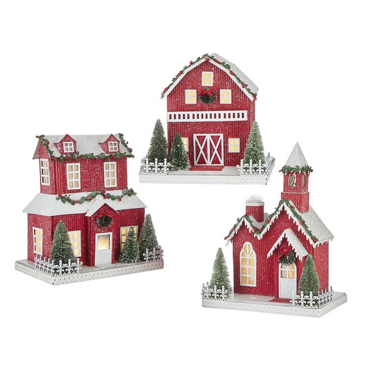 RAZ Imports <br> Vintage Farmhouse <br> Red Lit Paper House <br> 3 Assorted