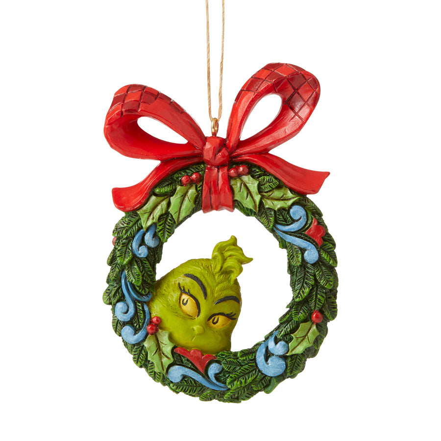 Grinch by Jim Shore <br> Hanging Ornament <br> Grinch Peeking Through Wreath (9cm)