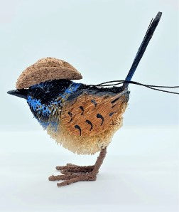 Bristlebrush Designs <br> Hanging Ornament <br> Blue Fairy Wren with Akubra