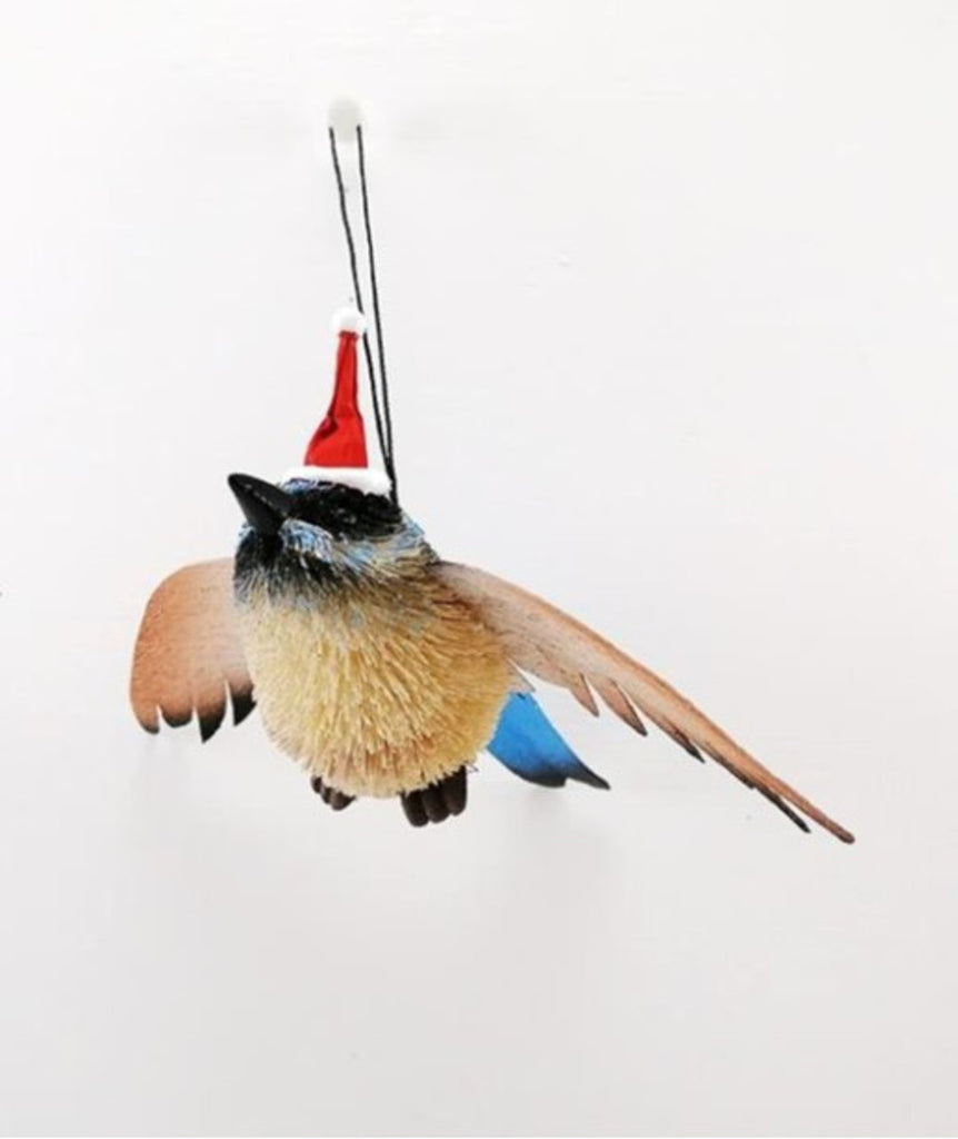 Bristlebrush Designs <br> Hanging Ornament <br> Blue Wren With Wings and Santa Hat